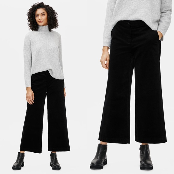 Eileen Fisher Black Organic Cotton Corduroy Wide Leg Ankle Pants - Picture 2 of 11